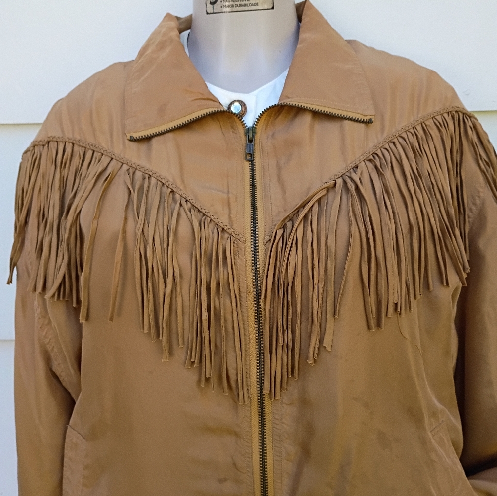💪🏾SOLD💪🏾 Brown Silk Fringe Bomber Jacket - Picture 4 of 6